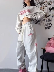 Two Pieces Set Casual Sports Grunge Hip Hop O Neck Sweatshirts + Fashion Y2k Letter Embroidery Streetwear Women Loose Sweatpants