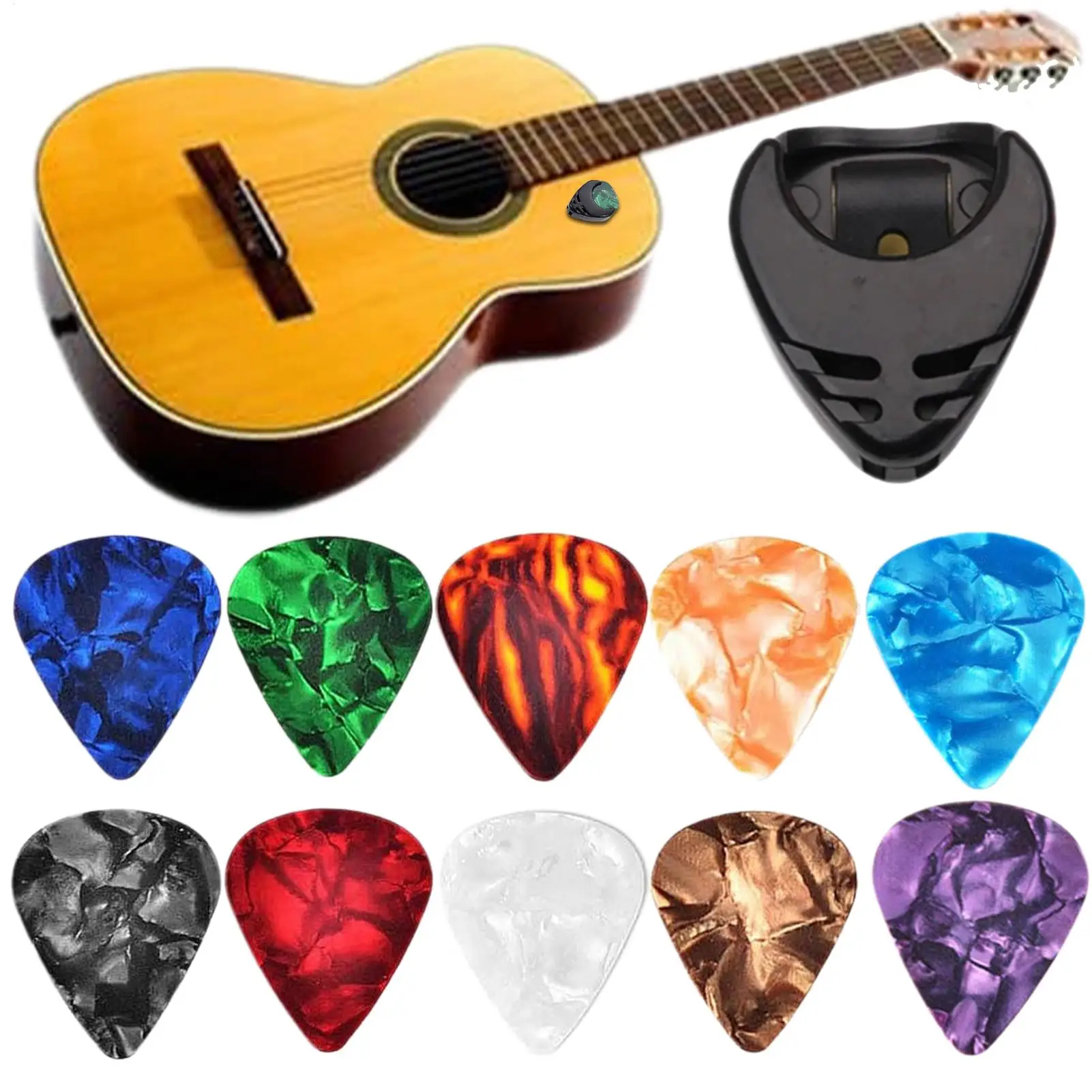 10Pcs/set Guitar Picks & Guitar Pick Holder Set For Acoustic Guitar Electric Guitar Bass Ukulele Stick-on Holder (Random Color)