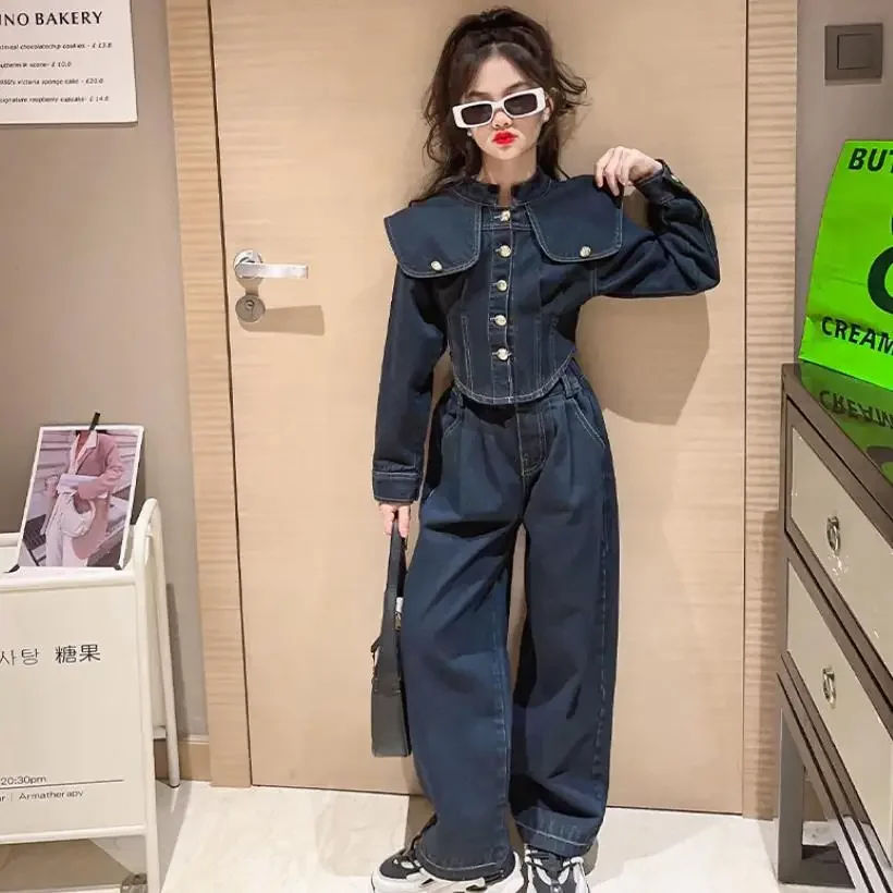 Girl Spring Autumn New Denim Sets Children Long Sleeve Fashion Suits Coat + Pants 2pcs Sets Teenage Clothes 2pcs Suits Wz1013