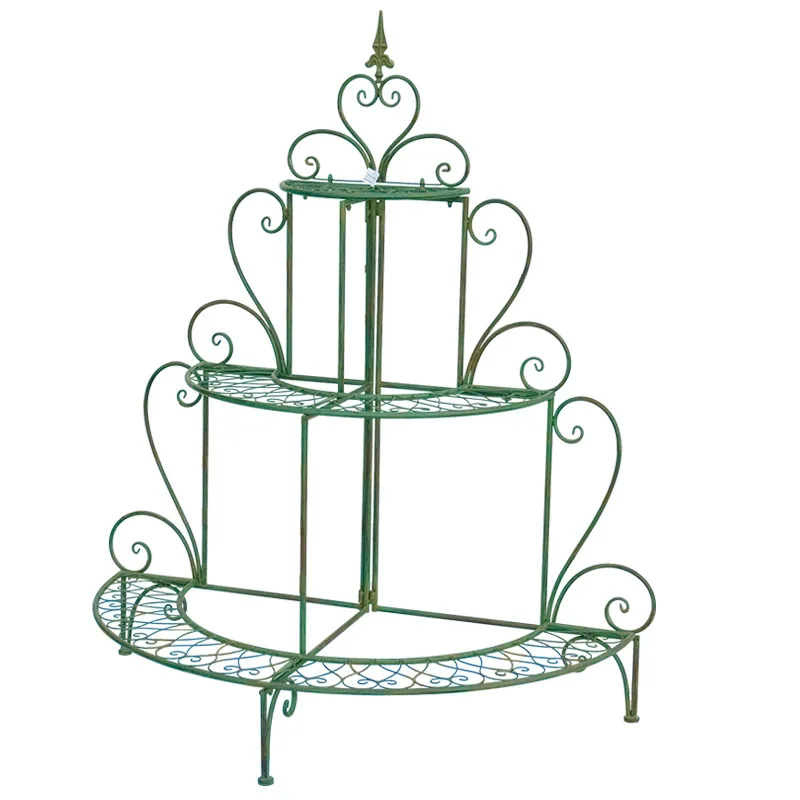 Retro wrought iron three-layer, semi-round flower stand indoor and outdoor