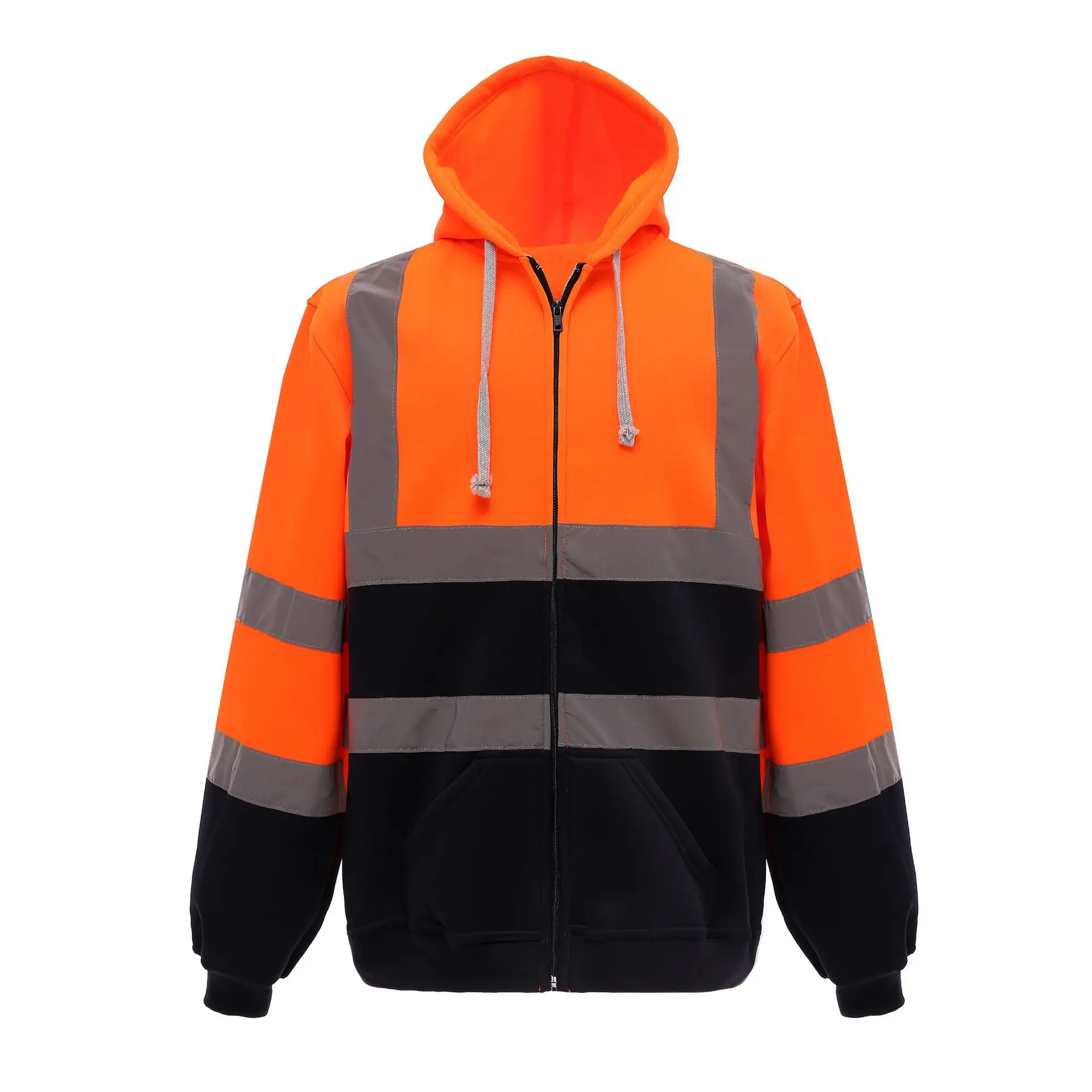 Men\'s High Visibility Safety Hooded Sweatshirt Pullover Hi Vis Fleece Jacket with Reflective Tripes Workwear Winter Work Wear