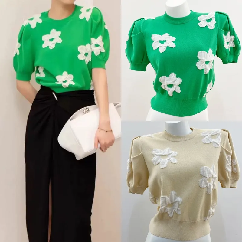 

Fashion 3D Floral Knit Top Women Green Bubble Sleeve Vintage Round Neck Short Sleeve Blouse