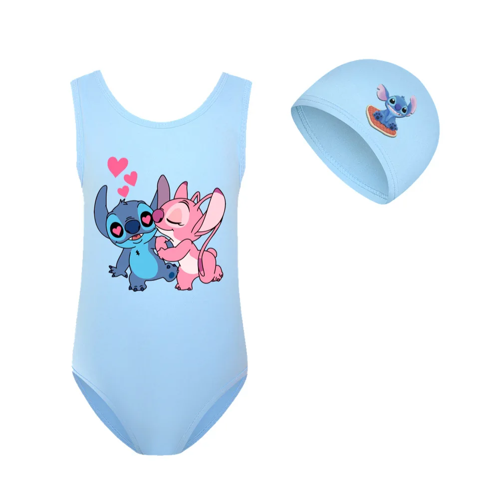 Bambini ragazze costumi da bagno costume da bagno Cartoon Stitch cuffia da nuoto per bambini Set movimento per bambini vestiti per bambini pigiama top 2-14 anni