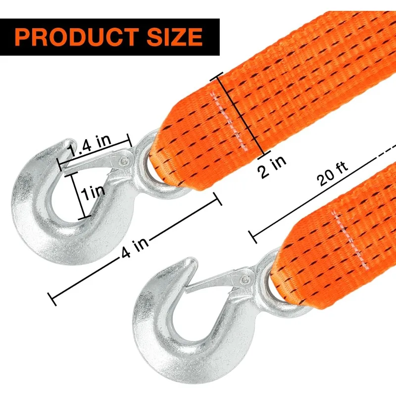 Heavy Duty Tow Straps with Hooks 2 x 20 ft,20000 lbs Nylon Kinetic Recovery Rope Kit for Vehicles Trip Acessories