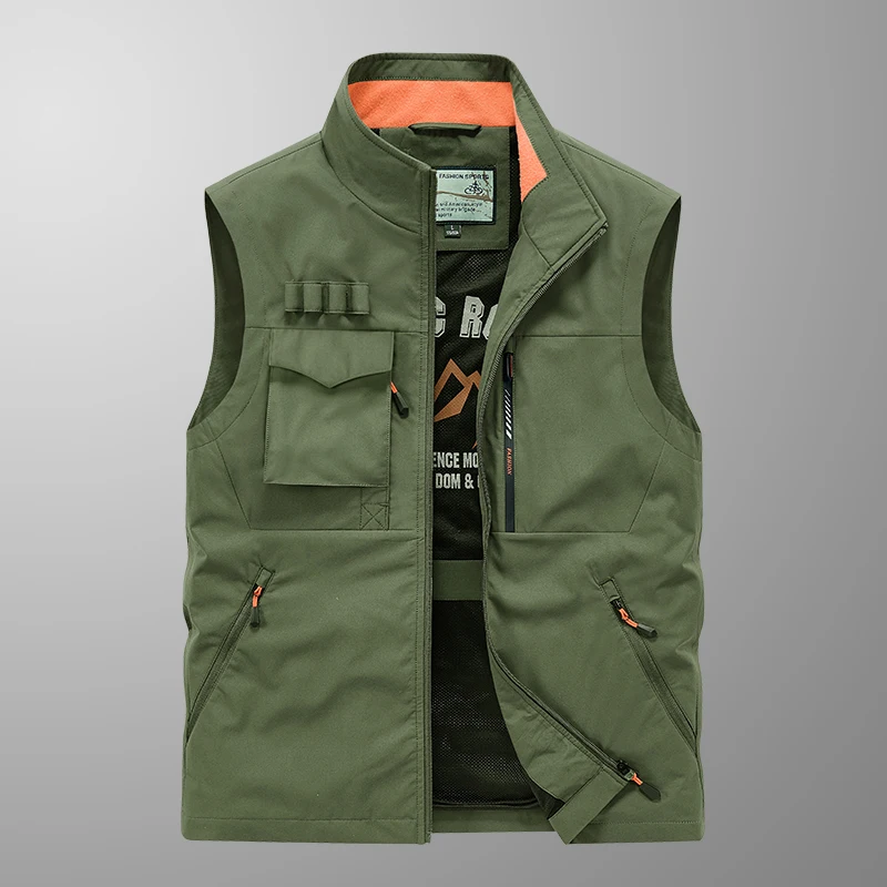 2024 men\'s vest, outdoor casual multi pocket fishing mesh vest, men\'s photography vest Four season universal stand collar