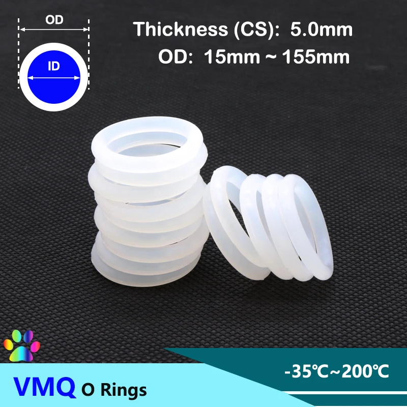 10Pcs White Silicone VMQ O Ring Gasket CS 5.0mm OD 15 ~ 155mm Food Grade Nontoxic Washer Round O Shape O Rings Seal Gaskets