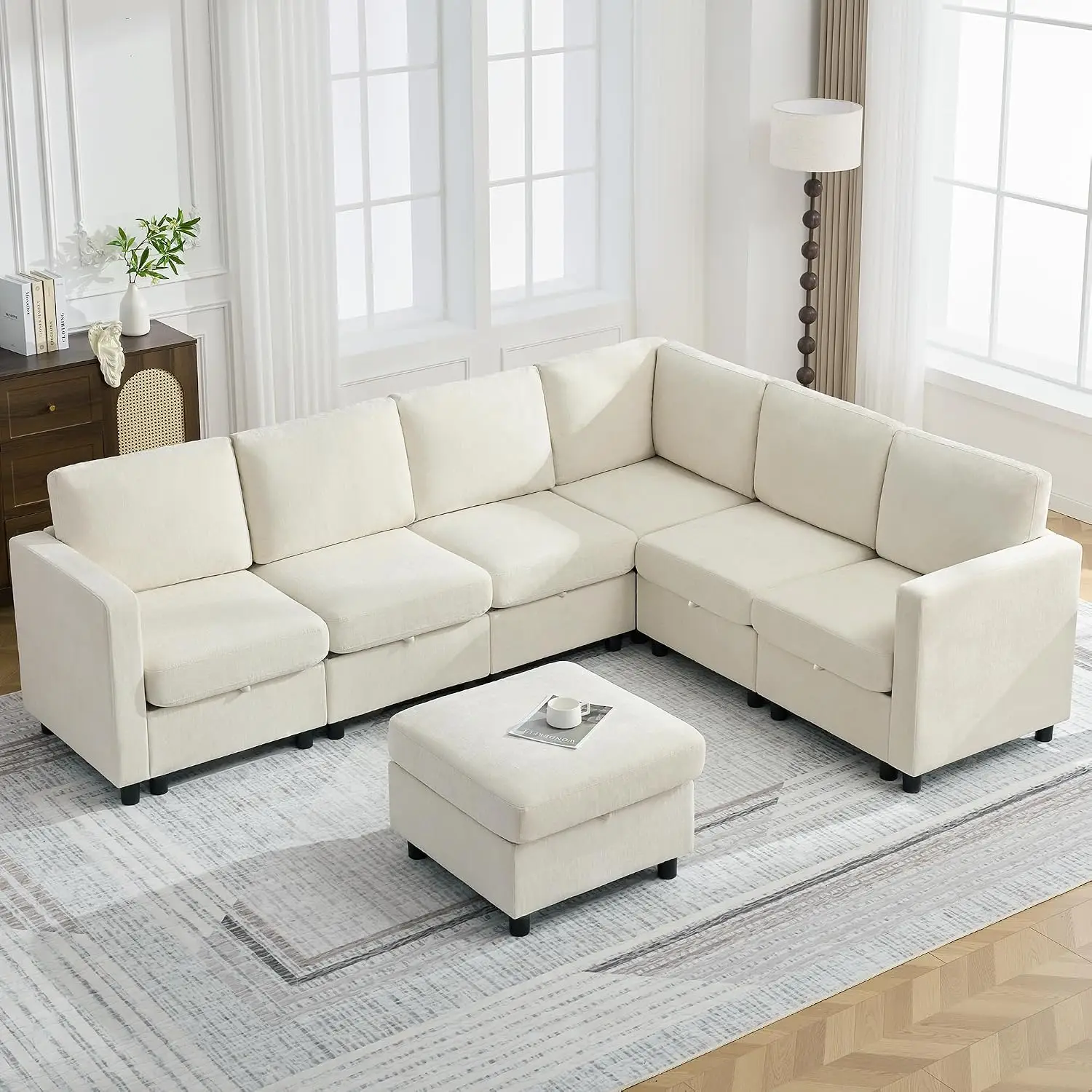 L-Shaped Modular Sectional Sofa with Storage & Ottoman, Convertible 4-Seat Reversible Chaise for Living Room, Beige Fabric, Cust