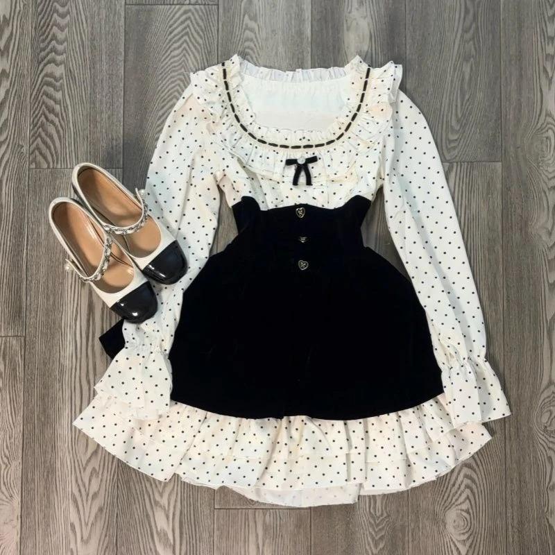 

Японское кавайное платье-двойка с эффектом фальш-платья, в горошек, с оборками, бантом, приталенное, с длинным рукавом, элегантный наряд для вечеринок, лето 2026