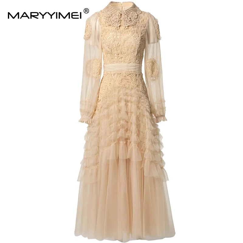 MARYYIMEI Soli Pilz Langarm Kleid Für Frauen Haken blume hohl Elegante Lange S-4XL Kleider Party Prom Kleidung