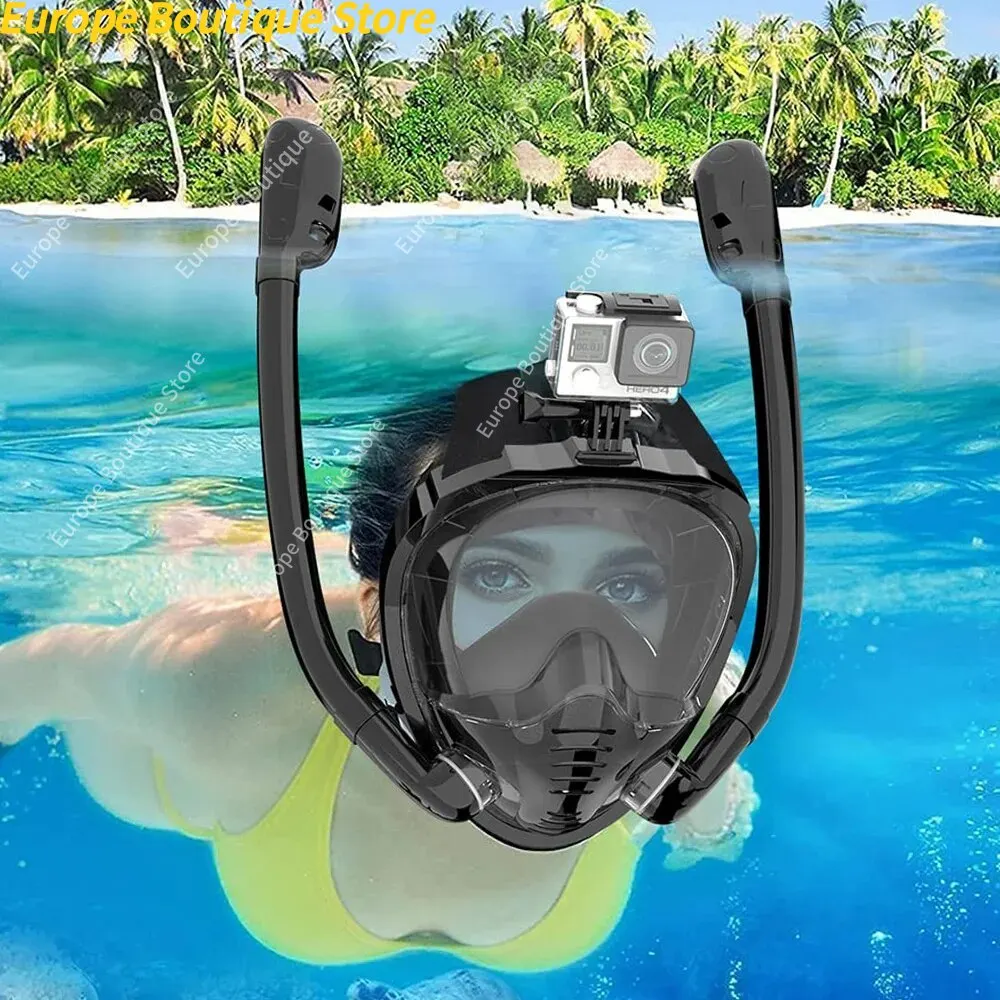 

Full Face Snorkel Mask 180°Panoramic View Silicone Dry Top Snorkeling Diving Swimming Goggles With 2 Snorkels Anti-Fog Anti-Lea