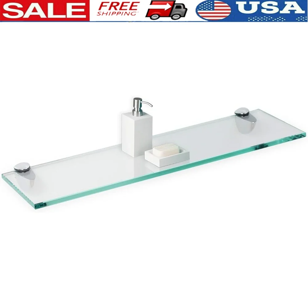 

Tempered Floating Glass Shelf Kit 8x18 Wall Mounted Chrome Brackets Easy Installation Bathroom Kitchen Living Room Study Durable