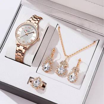 Curren luxus armbanduhren für frauen edelstahl armband strass steine bling dail elegante damen uhr geschenk schmuck set 5 stücke