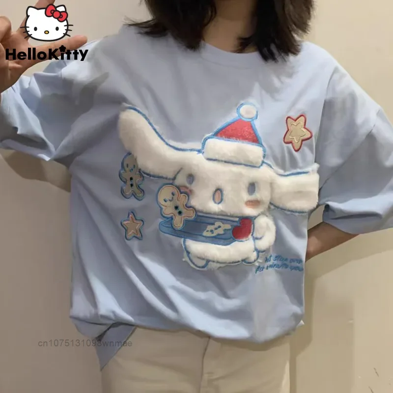 Sanrio Cinnamoroll Embroided Flocked Cute Cotton Tops Y2k Women's Sweet Girl Short sleeved T-shirt Loose Oversize Summer Clothes