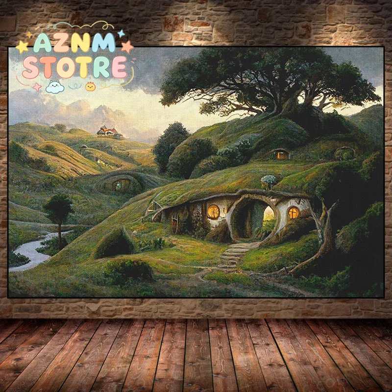 The S-Shire Canvas Painting H-Hobbit Hole Landscape Poster Cozy Earth  Halfling House Wall Art for Living Room Home Decor Mur