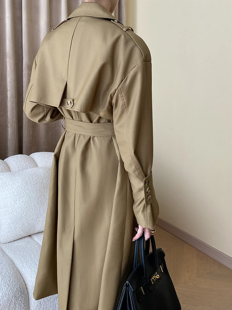 Women Khaki Belted Big Size Long Elegant Trench New Lapel Long Sleeve Windbreaker Fashion Tide Spring Autumn