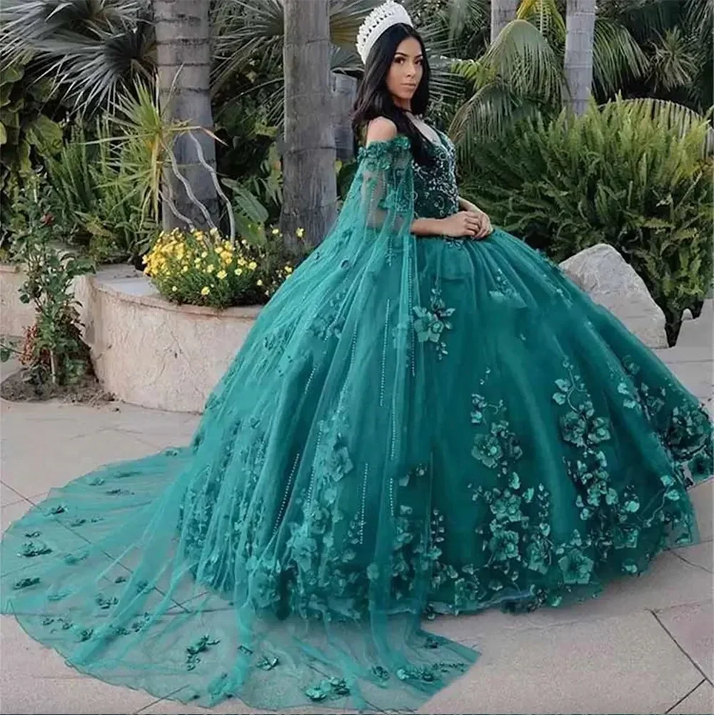 Vestidos de Quinceañera de tul verde oscuro con chal, Vestidos de baile de graduación con cuello en V, vestido de noche para fiesta de cumpleaños, Vestidos de graduación con cordones