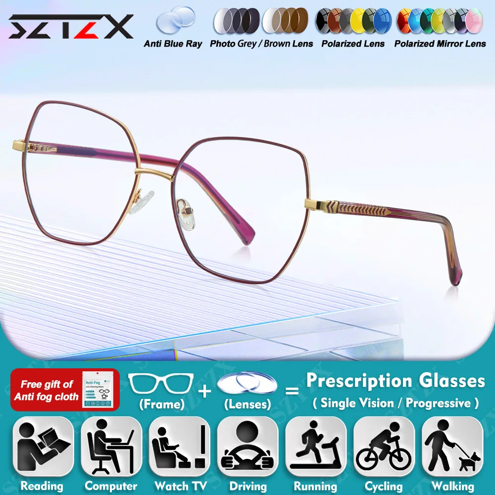 

SZTZX новый дизайн, женские многоугольные фотохромные очки для близорукости, большая оправа, мультифокальные очки с защитой от синего луча, по рецепту