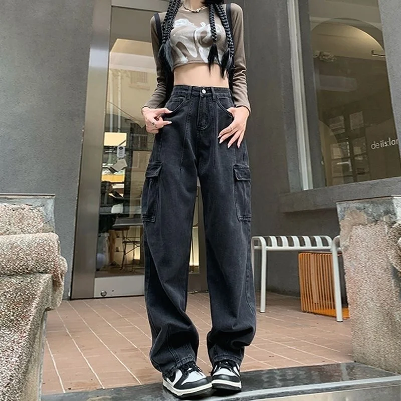 American Style Cargo hose 2024 Frauen Sommer neue schwarz grau hohe Taille gerade weites Bein Hosen lose High Street HipHop Hosen