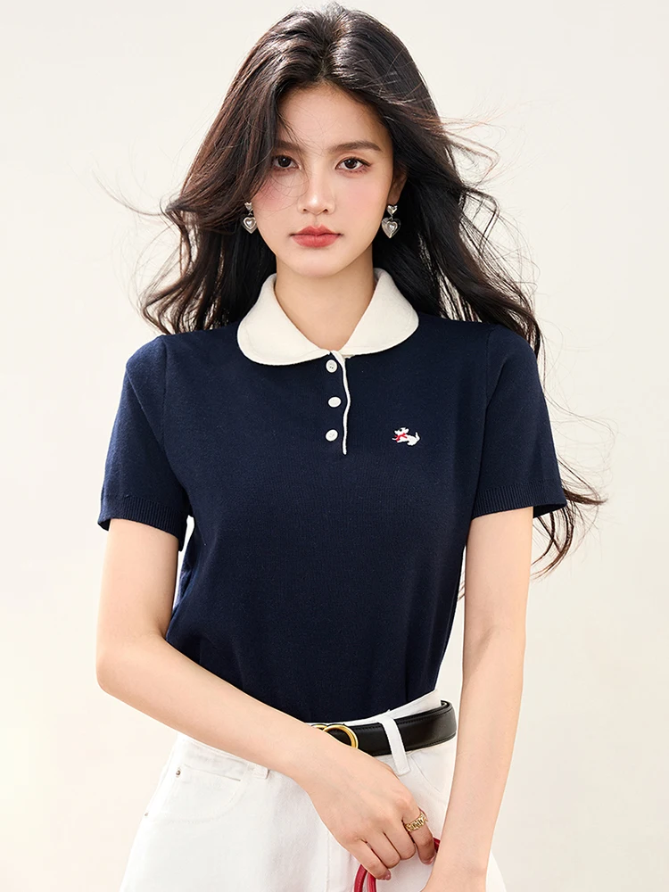 كلية نمط قصيرة الأكمام تي شيرت المرأة بولو الرقبة محبوك قميص شيك التخسيس تي شيرت الإناث أنيقة بلايز المحملة 2025 الصيف