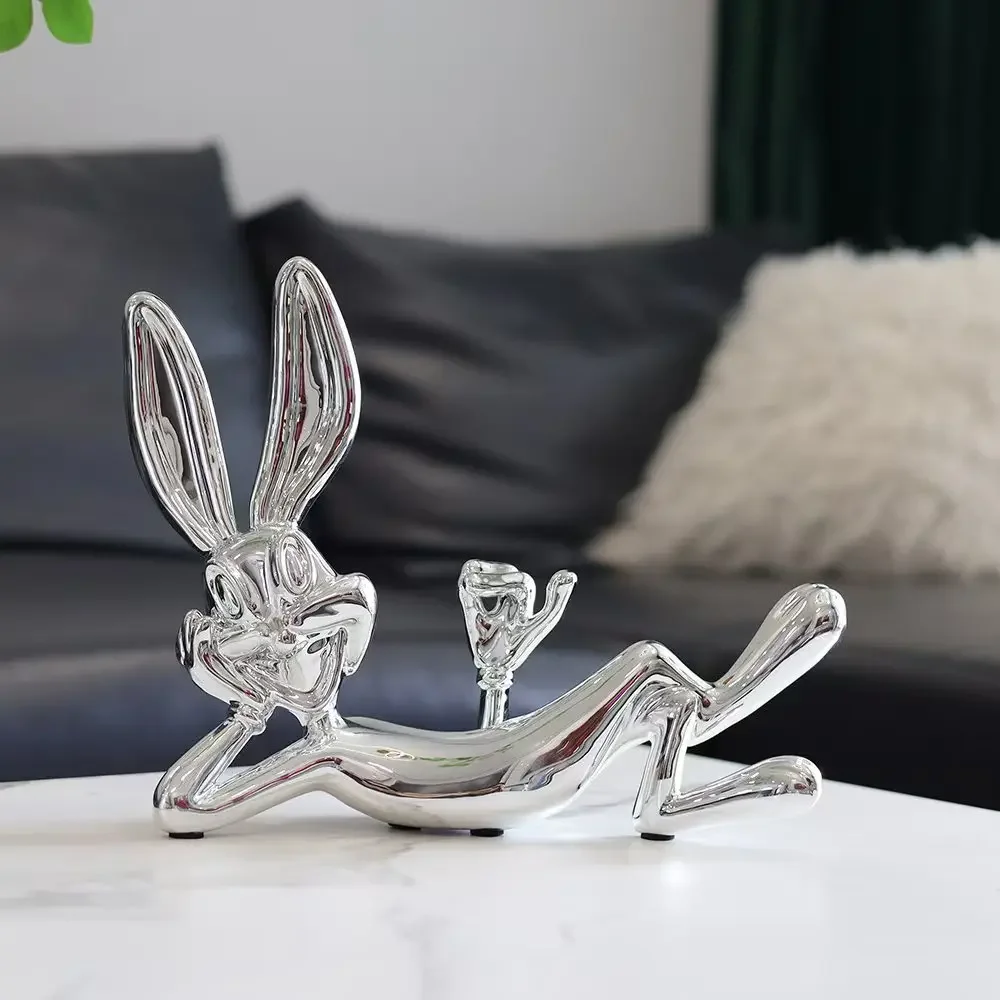 Advanced Minimalist Flocking Lying Rabbit Ornament Resin Animal Sculpture Office Villa Entrance Decoration