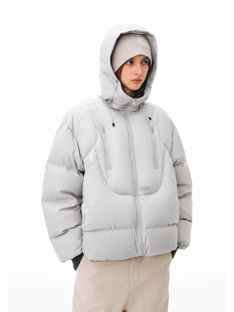 

Unisex Winter Quilted Down Cotton Coat Light Gray Oversized Hooded Puffer Jacket Short Couple Matching Warm Jacket Parkas