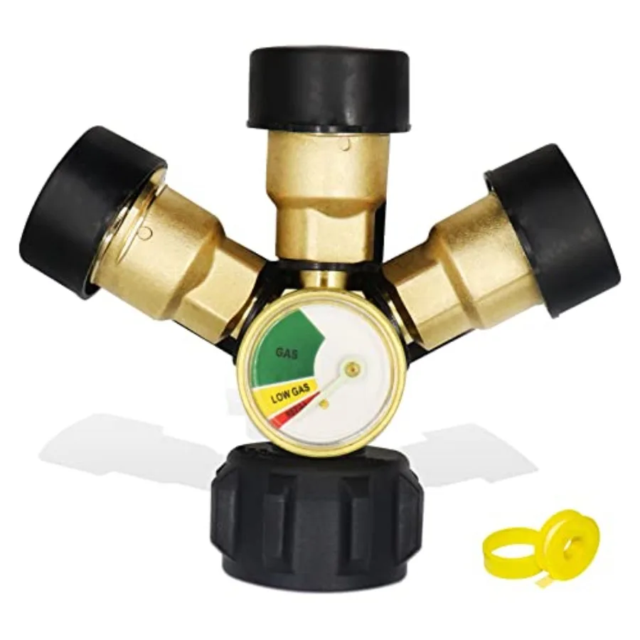 3 Way Propane Splitter QCC/POL with Gauge and Shut-Off Vae Propane Tank Splitter, 3 Y Propane Gas Splitter Adapter for Propane