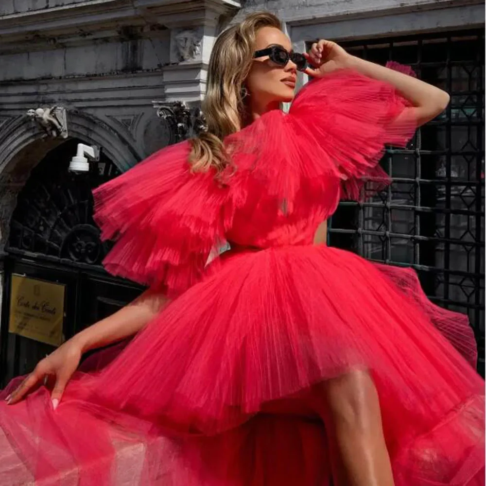 ชุดราตรีสีชมพูสดแบบพองๆ สำหรับผู้หญิง ชุดออกงานพิเศษ ชุดวันเกิด ชุดงานพรอมสุดเก๋