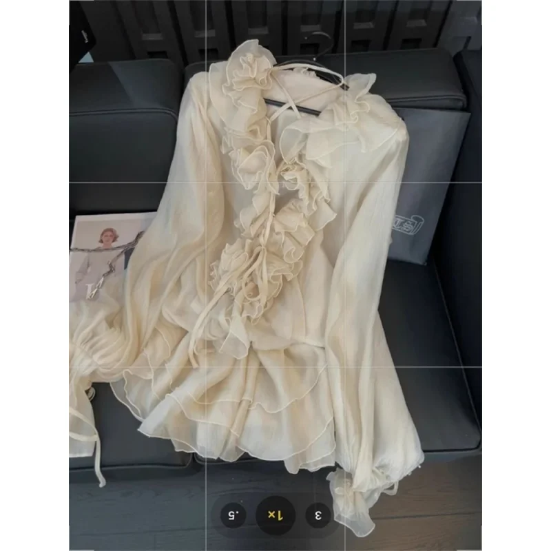 

Y2k 3D Flower Ruffles Short Dress Shirts Women Fashion Sweet Mesh Blusas De Mujer 2025 Spring New Lantern Sleeve Blouses