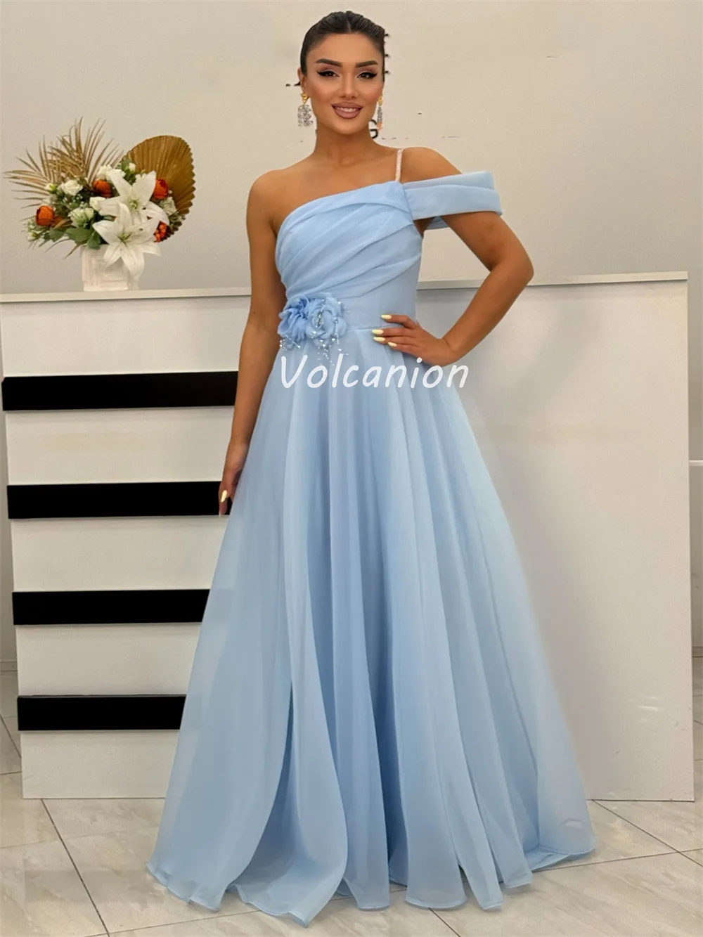 Customized Modern Style Sexy Organza Handmade Flower Rhinestone Ruched A-line One-shoulder Long Dresses Bespoke Occasion Dresses