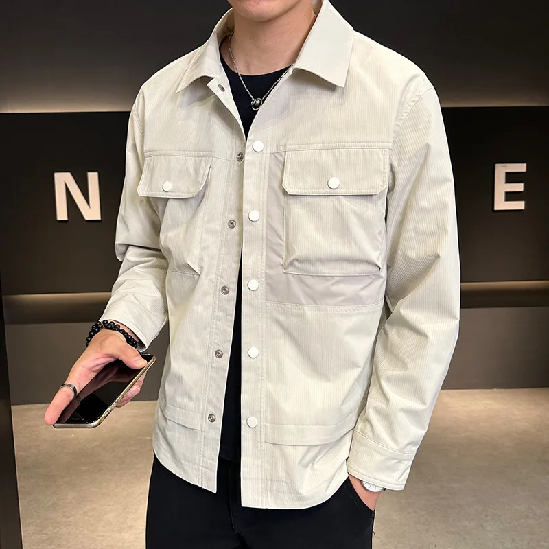 Spring Autumn Men's Thin Workwear Jackets Men Casual Button Down Multi Pocket Bomber Jacket Solid Color Outerwear Coats