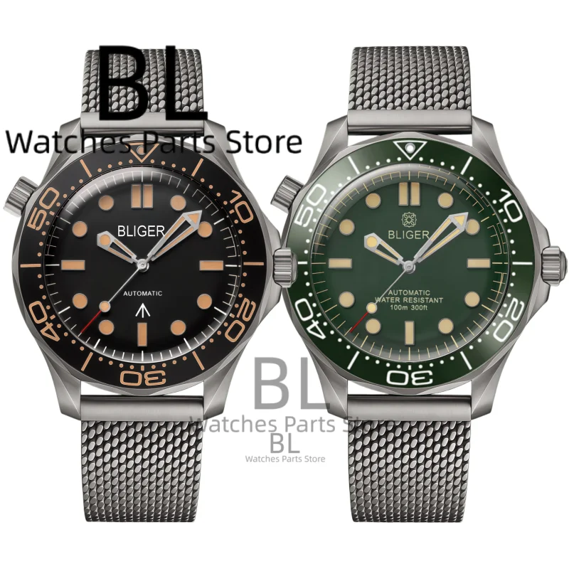 BLIGER 41mm Customized LogoBL007 Titanium Watch NH35 PT5000 Miyota8215 Reloj Domed Sapphire Glass Luminous Waterproof Mesh Strap