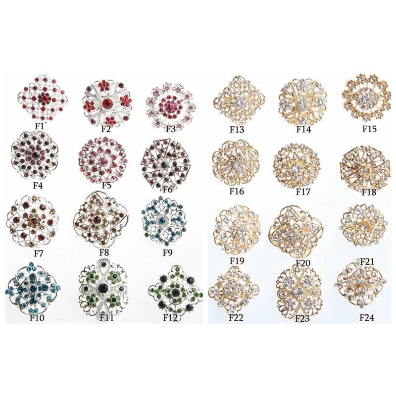 24PCS Clear Crystal Rhinestones Brooches For Women Wedding Bridal Gold Plated Brooch Pins For DIY Wedding Bouquet Kits