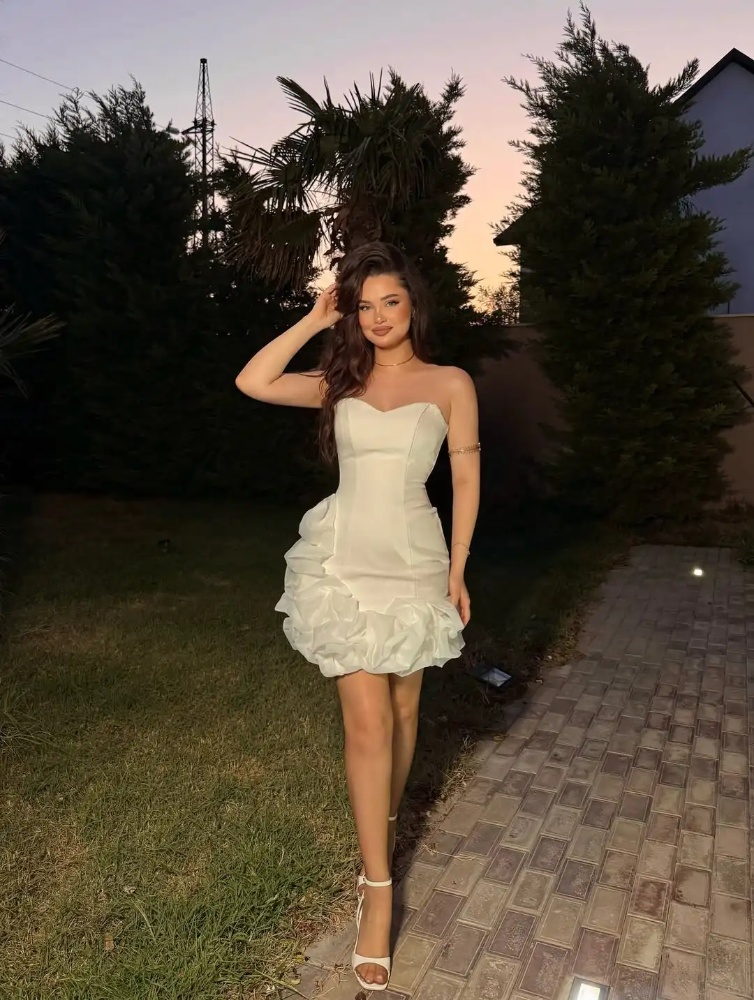 Novo design sexy srapless querida magro 3d flores ruched mini cocktail noite vestido de baile casamento vestido de noiva