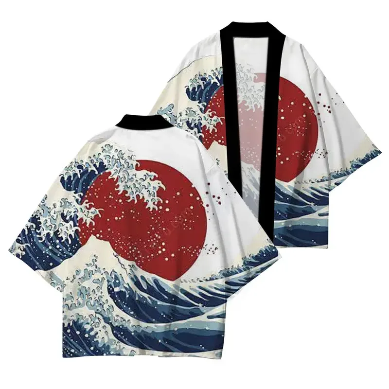 Japanese traditional clothing High quality casual loose kimono Wave red sun pattern printed summer UV protection kimono S-5XL
