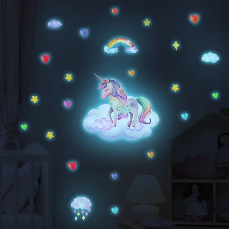 Glow In The Dark Stars Stickers For Kids Room Decor Blue Fluorescent Unicorn Decals Girls Bedroom Phosphorescent Rainbow Sticker