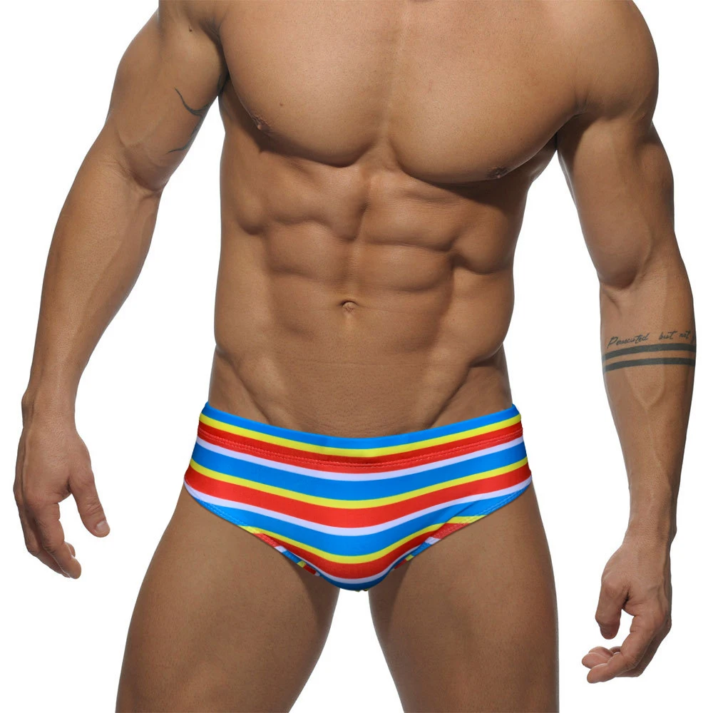 Ultra cintura baixa nadar briefs sexy dos homens listrado roupa de banho verão secagem rápida moda masculina almofada push praia surf troncos