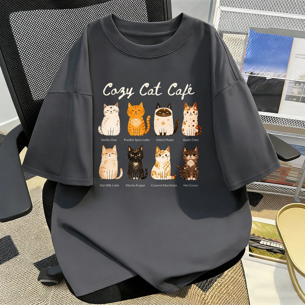 Cat Café Shirt Cozy Fall Cat Lover Tee Pumpkin Spice Latte Cat Tshirt Vintage Coffee Kitten Tee Casual Streetwear Cotton Top