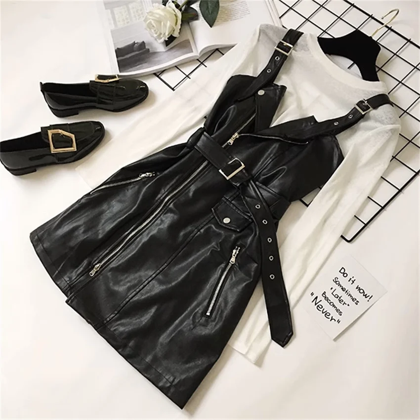 2023 neue Mode Herbst Frauen Pu Strap Kleid weibliche große Schlinge Kunstleder Kleider hohe Taille Tops Streetwear Mujer wz2283