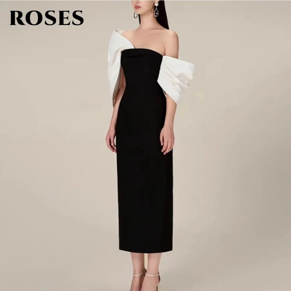 

ROSES Simple Black Trumpet Prom Dress Off Shoulder Gala Dress with Bows Pleats Satin Saudi Arabic Evening Party Gown Customized