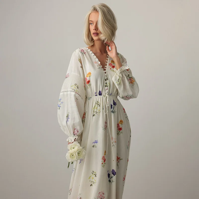 Sweet Floral Printed Backless Maxi Dress For Women Lantern Sleeve High Waist Long Robes 2025 New Lady Summer Vacation Dresses image 2