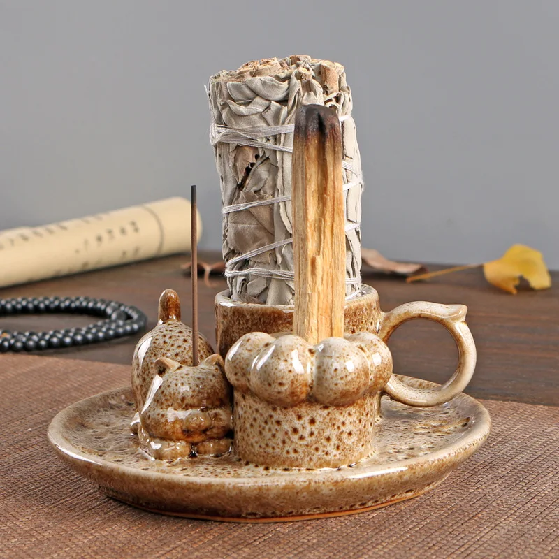 Quemador de incienso de cerámica de tres usos, soporte para palos Palo Santo, quemador de incienso, soportes para salvia, bandeja receptora de cenizas, productos de fragancia para el hogar