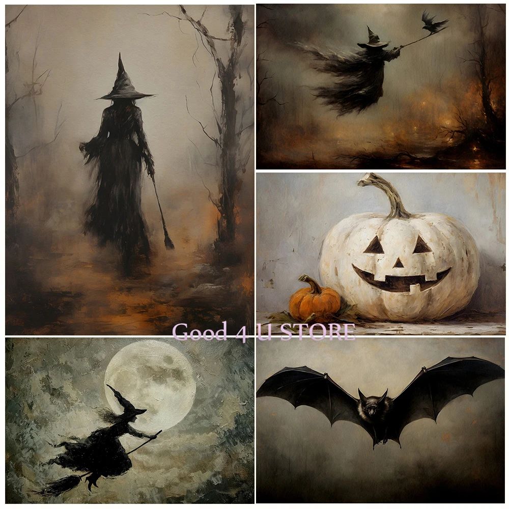 Vintage Dark Academia Witch Black Cat Bat Pumpkin Halloween Poster Aesthetic Canvas Painting Witchy Wall Pictures Home Decor