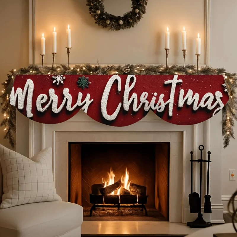 VIKAMA Christmas Fireplace Mantel Scarf Merry Christmas Letter Mantel Topper Xmas Fireplace Shelf Cover Indoor Home Party Decor
