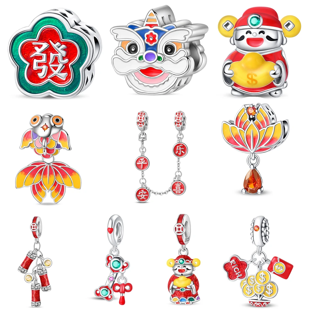 

Vintage 925 Sterling Silver Auspicious Lion Dance Koi Bless Dangle Charm Fit Original Bracelet DIY Kids Birthday Jewelry Gifts