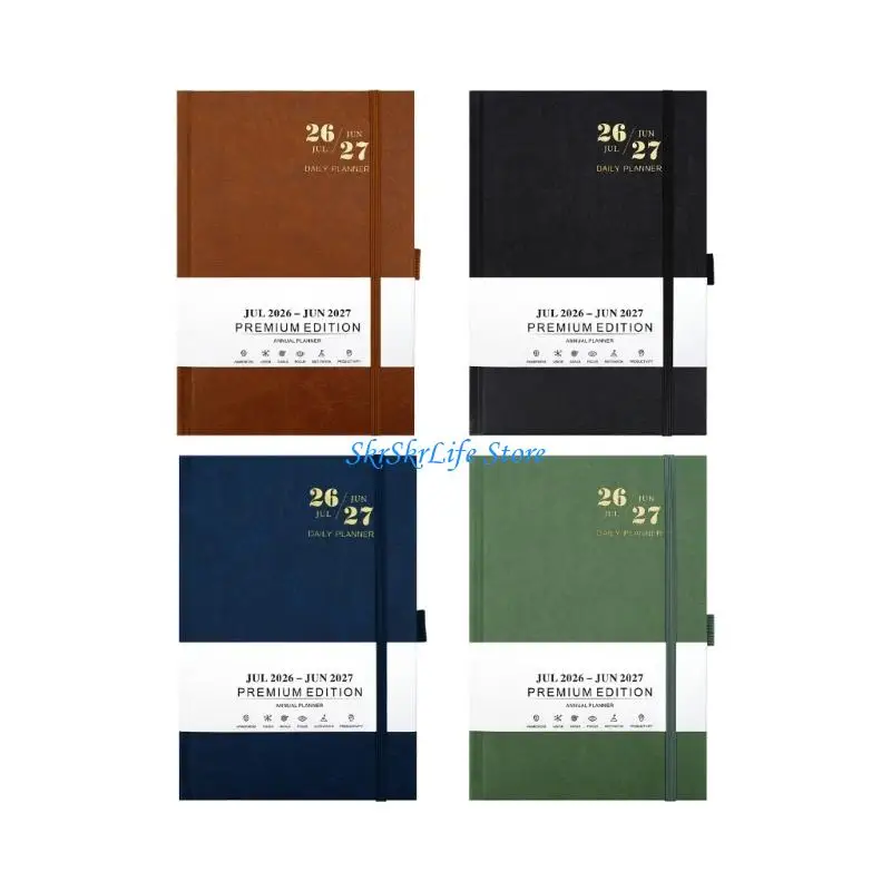 E65E 2026-2027 Daily Planner PU Leather Daily Academic Planner with Elastic Band Closure and Pen Slots for School Office