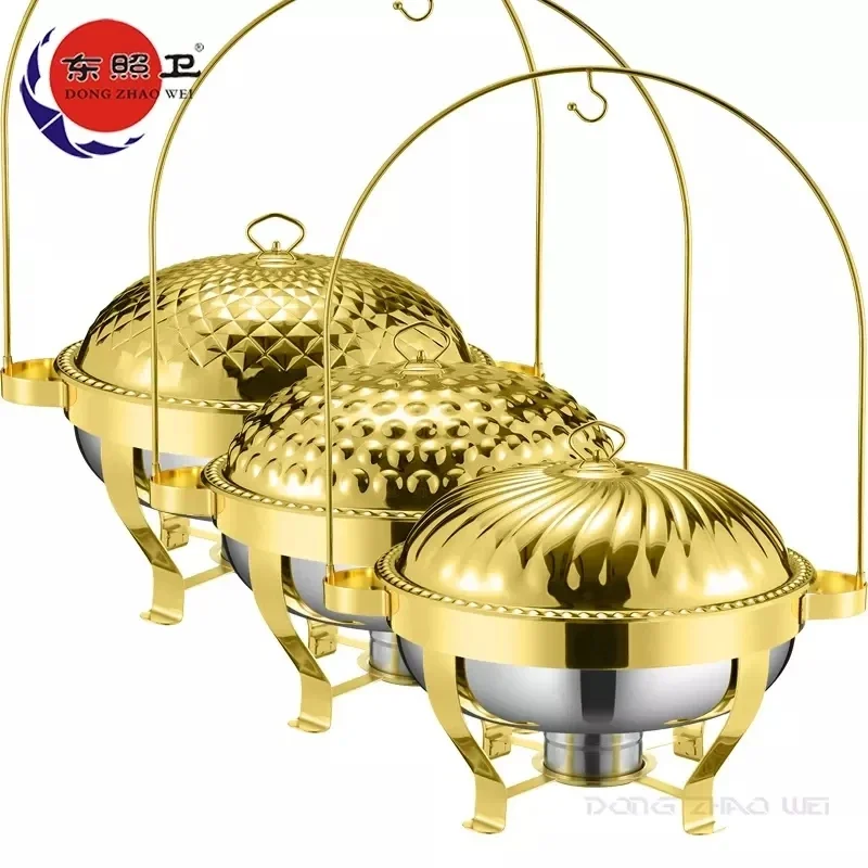 African Commercial Catering Round Food Warmer Buffet Stove Large Capacity 8L Stainless Steel Chafing Dish With Hanger Lid