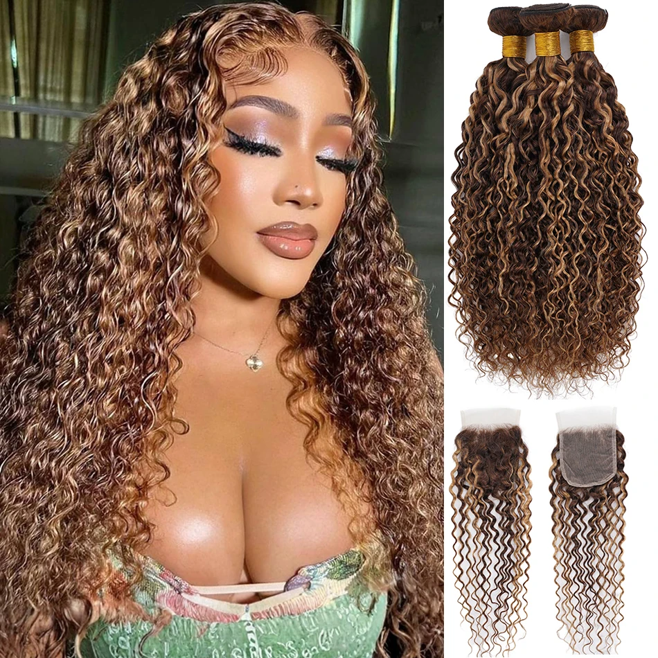 

100% человеческие волосы, пучки волнистых волос с застежкой, влажные и волнистые, омбре, медовый блонд, вьющиеся пучки с кружевной застежкой 4x4 HD