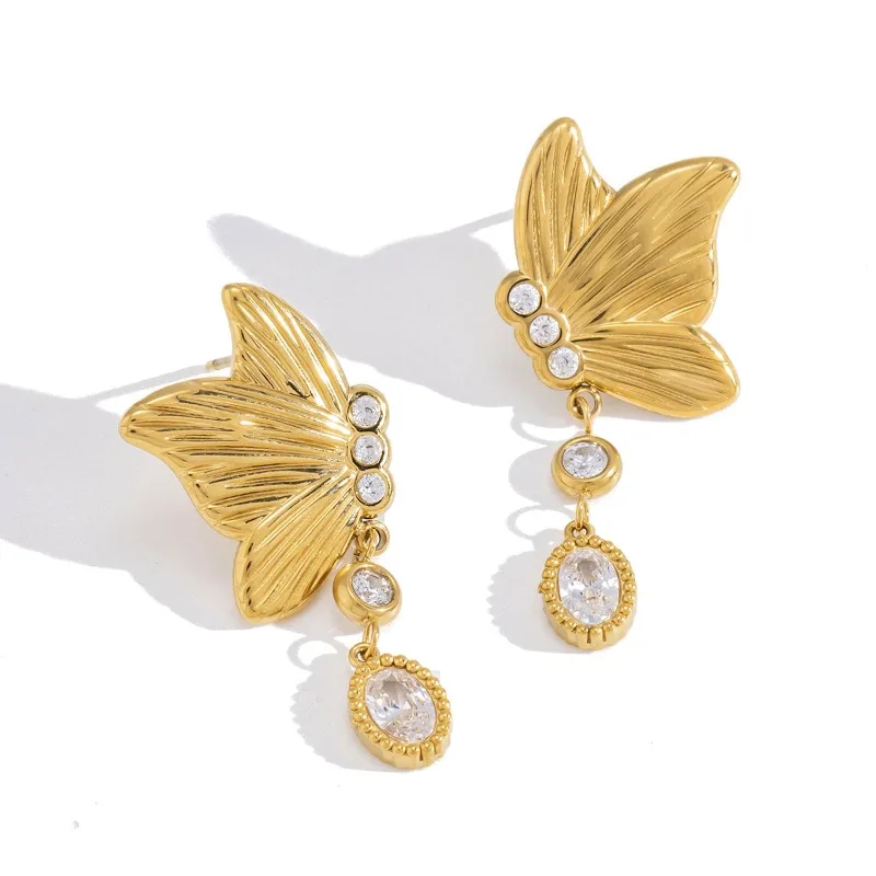 

Minar Fantasy CZ Cubic Zircon Tassel Metallic Butterfly Wings Long Dangle Earrings for Women 18K Gold PVD Plated Stainless Steel