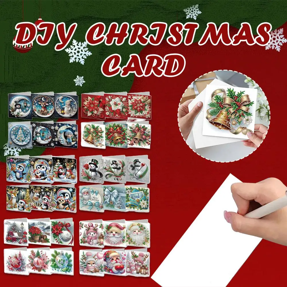 6-teiliges DIY-Diamant-Malerei-Grußkarten-Set, Weihnachtsdesigns, Strass-Diamant-Kunst-Mosaik-Postkarten für Festivals und Feiern