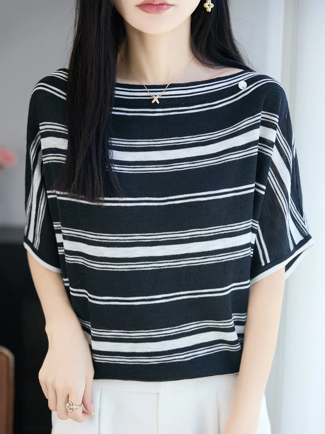 

French Style Slim Fit Shoulder T-Shirt Women's Summer Loose Short Sleeve Striped Tops Shoulder One Shoulder Vintage F...